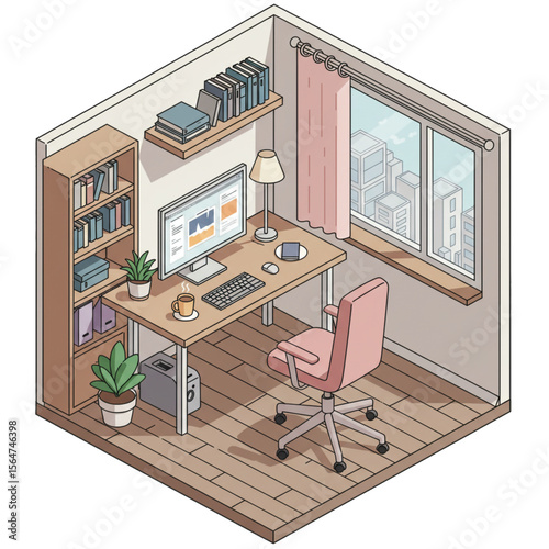 Cozy home office workspace with computer, bookshelves, plants, and city view.