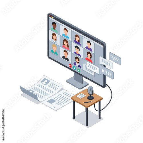 Online video conference with participants' faces displayed on a computer screen, accompanied by documents and a microphone on a desk.