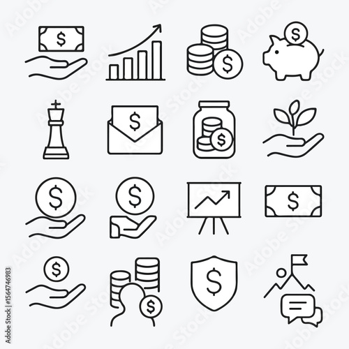 Finance and Investment Line Icons – Budget, Growth, Strategy, Savings

