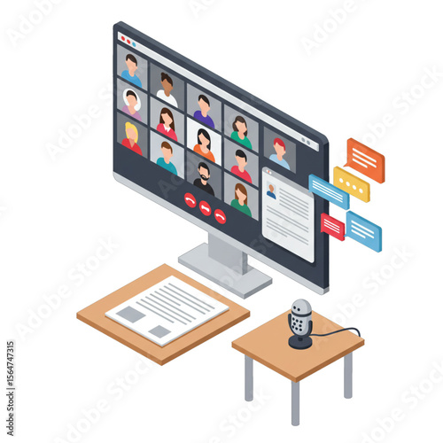 Isometric illustration of a video conference call on a computer screen with documents and a microphone.