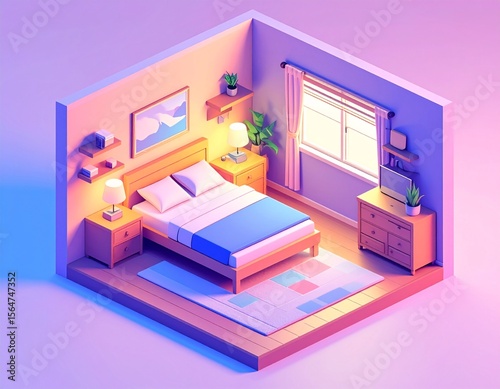 3D Isometric Render of Cozy Bedroom Interior