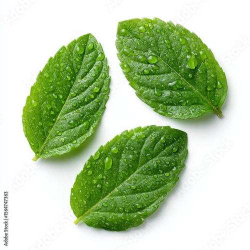 Fresh mint leaves with water droplets, showcasing the vibrant green hue and intricate textures
