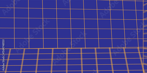 Abstract grid pattern with orange lines on a deep blue background, forming a 3D perspective effect. Futuristic and digital theme ideal for tech, architecture, or modern design projects.