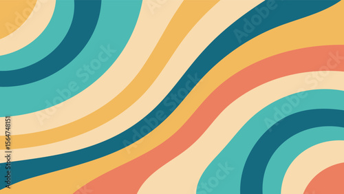 Abstract wavy lines in teal, yellow, orange and beige creating a retro styled background design image