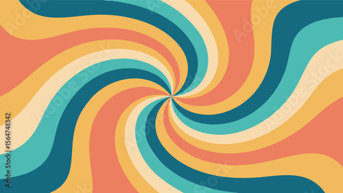 Retro style swirl pattern with orange yellow and blue color palette creates a groovy background effect