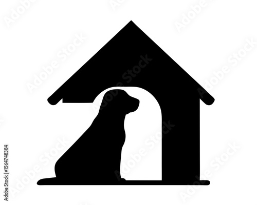 Black silhouette of a dog sitting inside a doghouse against white background