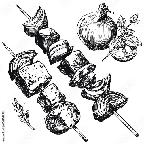 Shashlik in simple  style, hand drawn, outline, monochrome on white back