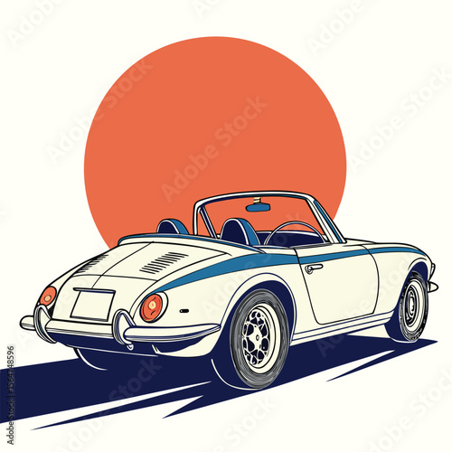 Classic Blue Convertible Sports Car Vector with Orange Circle – Vintage Style Automotive Illustration

