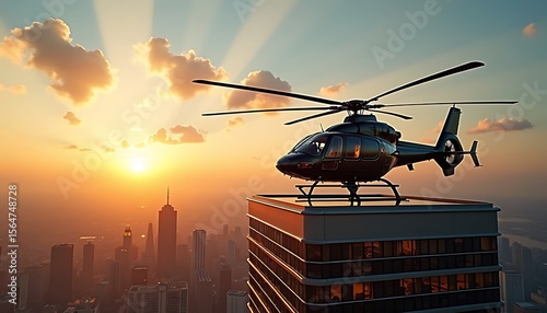 A sleek black helicopter sits on a skyscraper rooftop at sunset, overlooking a sprawling cityscape, offering a luxurious and adventurous perspective.