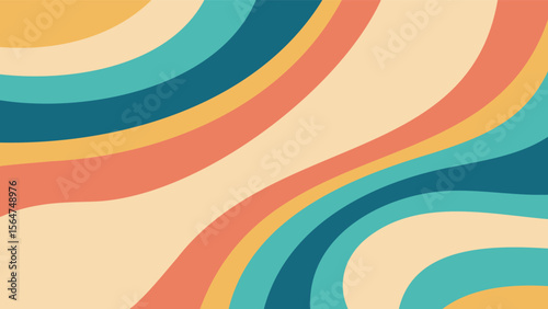 Abstract wavy pattern with teal, orange, yellow, and beige colors creating a retro vibe design