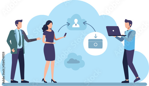 Three people interacting with a cloud storage system with a laptop and a mobile phone shown here