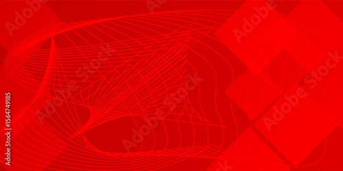 Abstract geometric red background with dynamic curved lines, overlapping translucent squares, and vibrant gradient shapes. Modern digital art style ideal for technology,