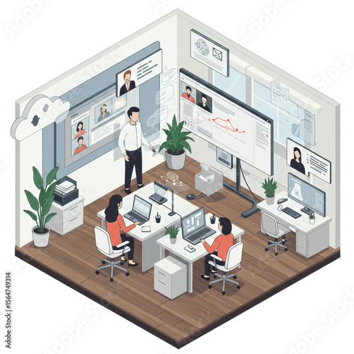 Team collaborates remotely in a modern office using large interactive displays and video conferencing technology.