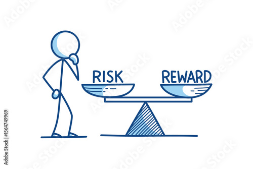 Minimalist stickman illustration showing a person evaluating the balance between risk and reward using a seesaw. Ideal for finance, business, and decision-making concepts.