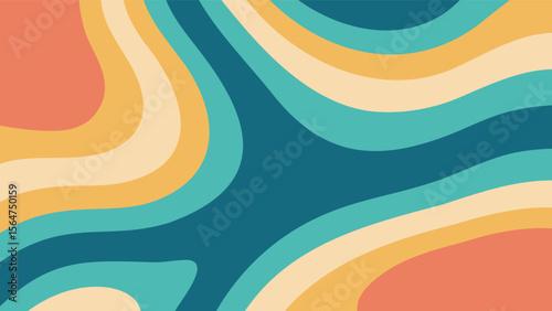 Abstract groovy background with wavy lines in teal orange and yellow shades creating a retro vibe