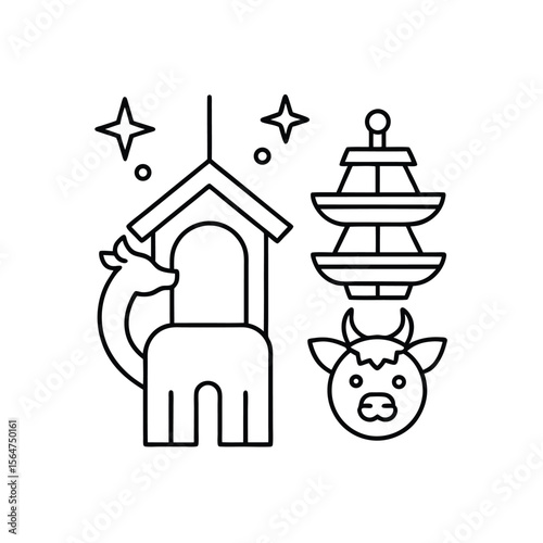 Black and white line art illustration depicting a christmas nativity scene with animal symbols