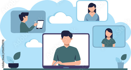 Illustration of a video conference call with multiple participants and cloud background design concept