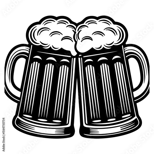 Two beer mugs clinking cheers drink silhouette vector illustration