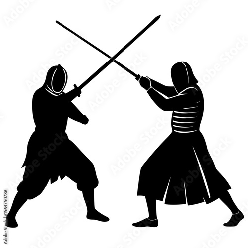 Two kendo fighters battling with swords silhouette vector illustration