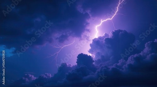 A Dramatic Nightscape Featuring a Vivid Purple Lightning Bolt Striking Through Towering Cumulonimbus Clouds