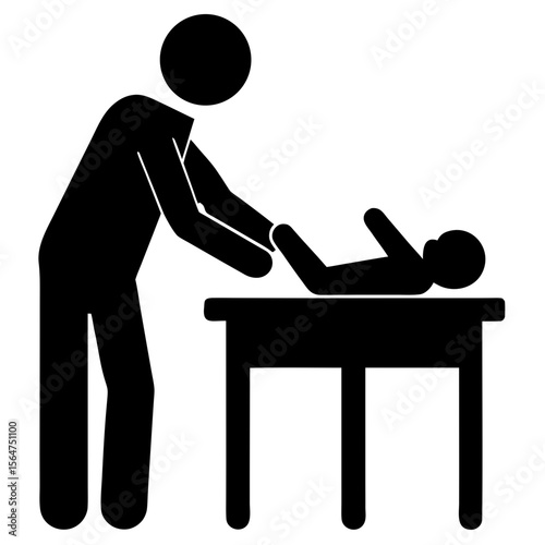 Parent changing baby diaper on table silhouette vector illustration