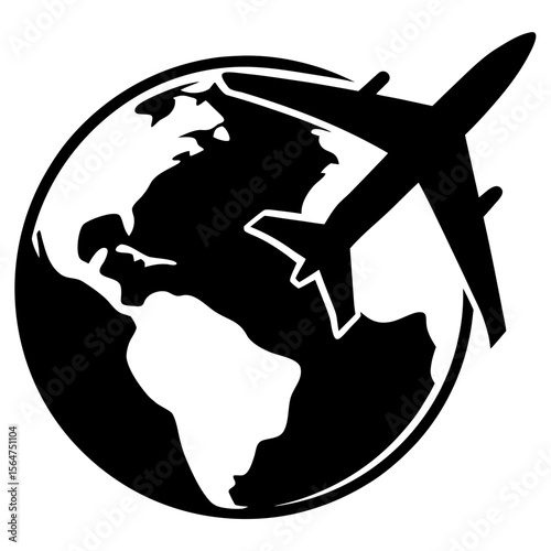 Airplane flying around the earth globe silhouette vector illustration