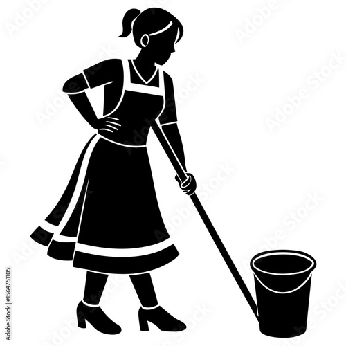 Woman cleaning floor with mop and bucket silhouette vector illustration
