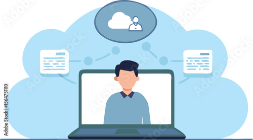 Person on laptop with cloud and documents suggesting remote work or online collaboration setup here now