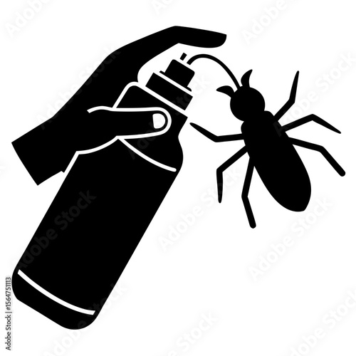 Hand spraying insecticide on insect silhouette vector illustration