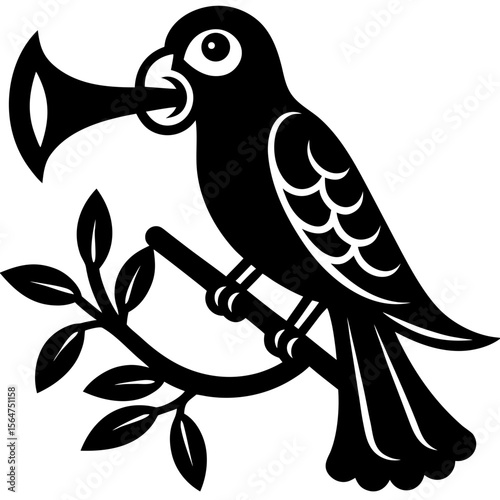 Bird with trumpet on branch silhouette vector illustration
