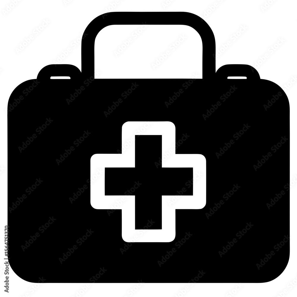 Obraz premium Black medical bag with a cross symbol silhouette vector illustration