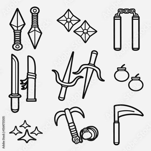 set of ninja equipment with outline style good for, icon, symbol, element design, coloring book, coloring page, etc