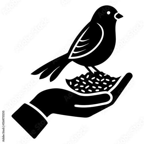 Bird perched on hand holding seeds silhouette vector illustration