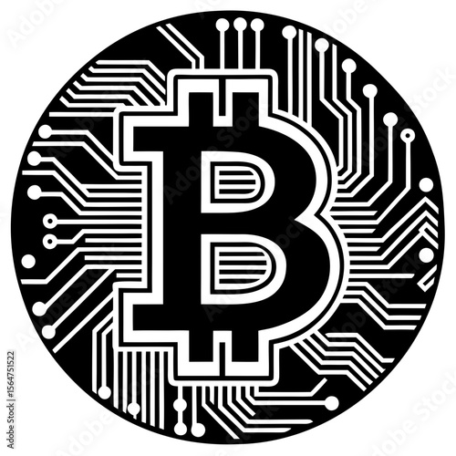 Bitcoin symbol with circuit board design silhouette vector illustration