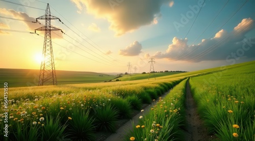 Serene Sunset Landscape Featuring Power Transmission Towers and Blooming Wildflowers Along a Rural Dirt Path