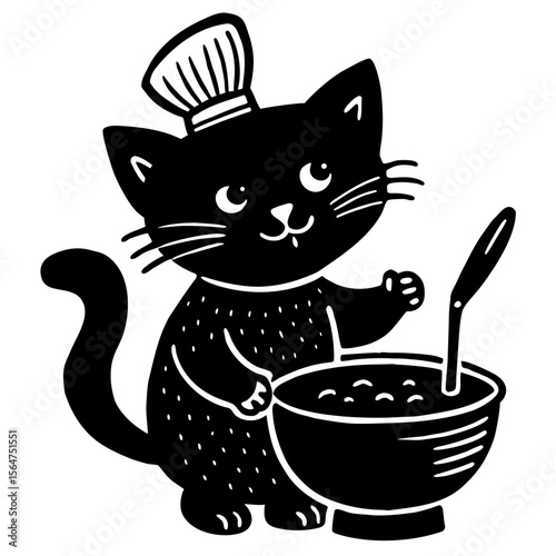 Cartoon cat chef cooking food in bowl silhouette vector illustration