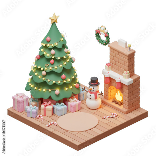 Festive Christmas scene with decorated tree, presents, snowman, and lit fireplace.