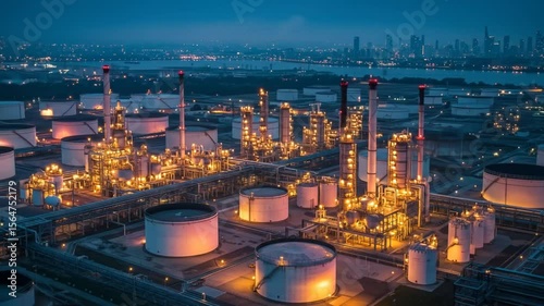 Night view of illuminated oil refinery complex