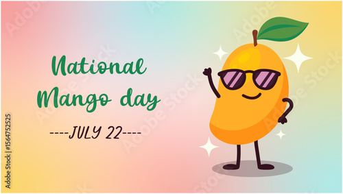 Cute National Mango Day Banner with Cartoon Fruit and Colorful Gradient Background
