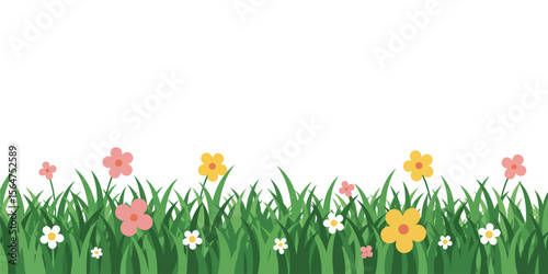 Flat Vector Grass and Flower Border with Meadow Elements, Simple Illustration for Background Design
