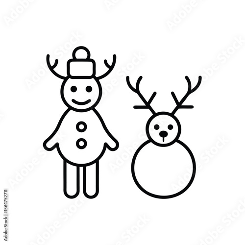 Christmas snowman and reindeer line art illustration in outline style perfect for holiday designs