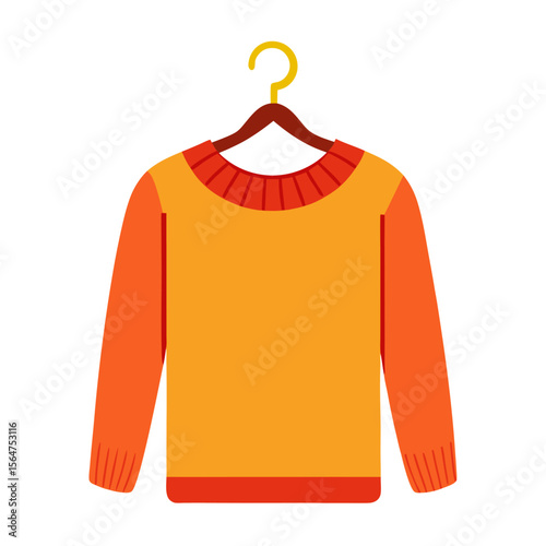 Knitted sweater hanging on wooden hanger vector icon on white background.