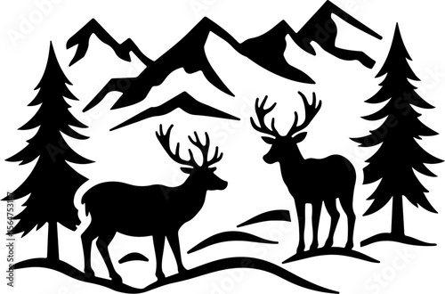 mountains, forest, Deer  trees, pine trees vector bundle