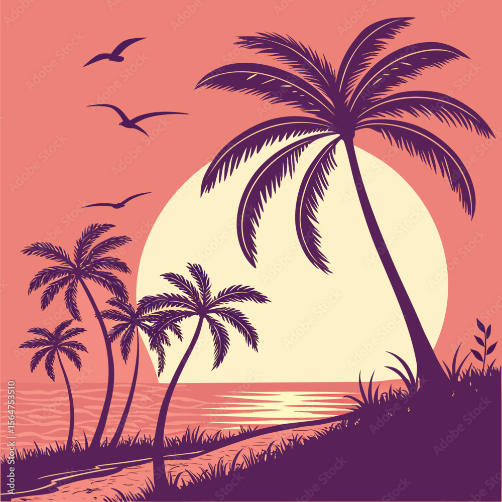 Fototapeta premium Vibrant Sunset Beach Illustration with Silhouetted Palm Trees and a Colorful Sky Evoking a Tropical Paradise Ideal for Summer Vacation and Relaxation Themes