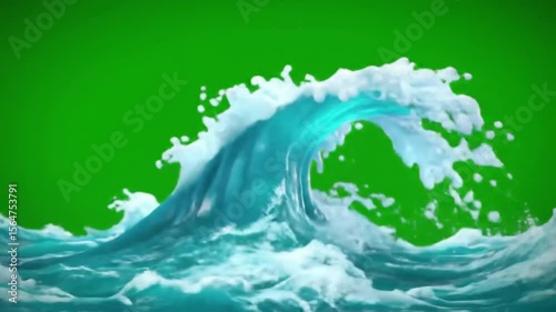 3D cartoon tsunami wave, solid green screen background