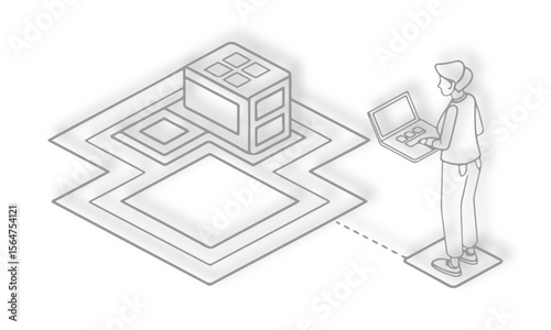  sketch of a person with a laptop connected to a server on a layered platform building plan house.