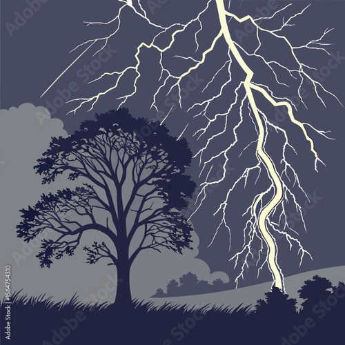 Realistic Night Thunderstorm Scene with Dramatic Lightning Bolts and Electrical Rays
