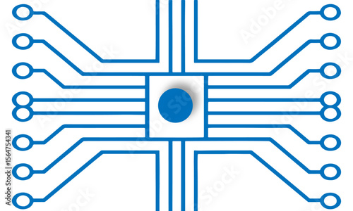 circuit board design with a central circle and lines extending outwards on white background.