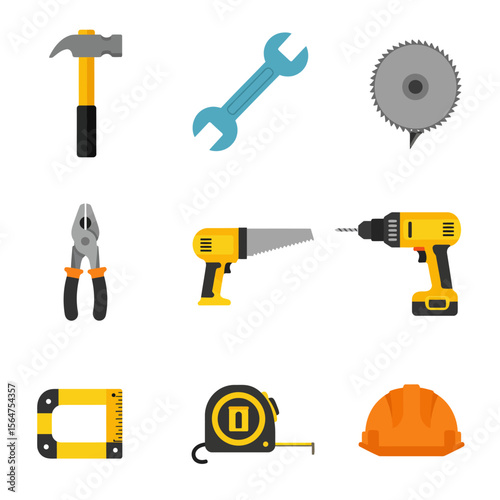 Illustration showcasing various construction and repair tools, including a hammer, wrench, saw, pliers, drill, and measuring tape.