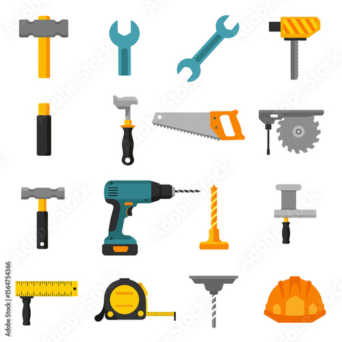Flat design icons of various construction and repair tools.
